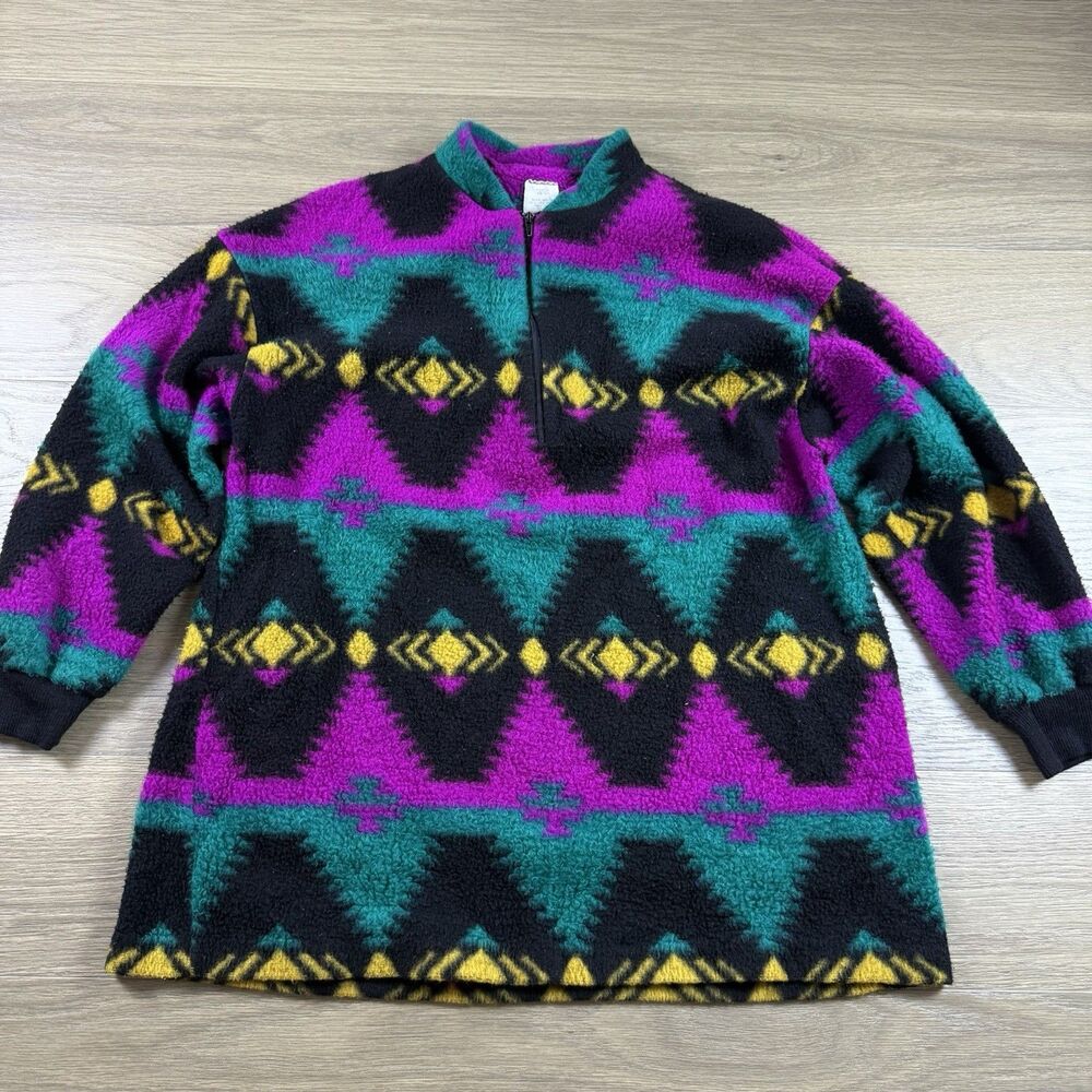 Vintgage Lerner Sweater Women Medium 1/4 Xip Southwest Aztec Fleece Pullover